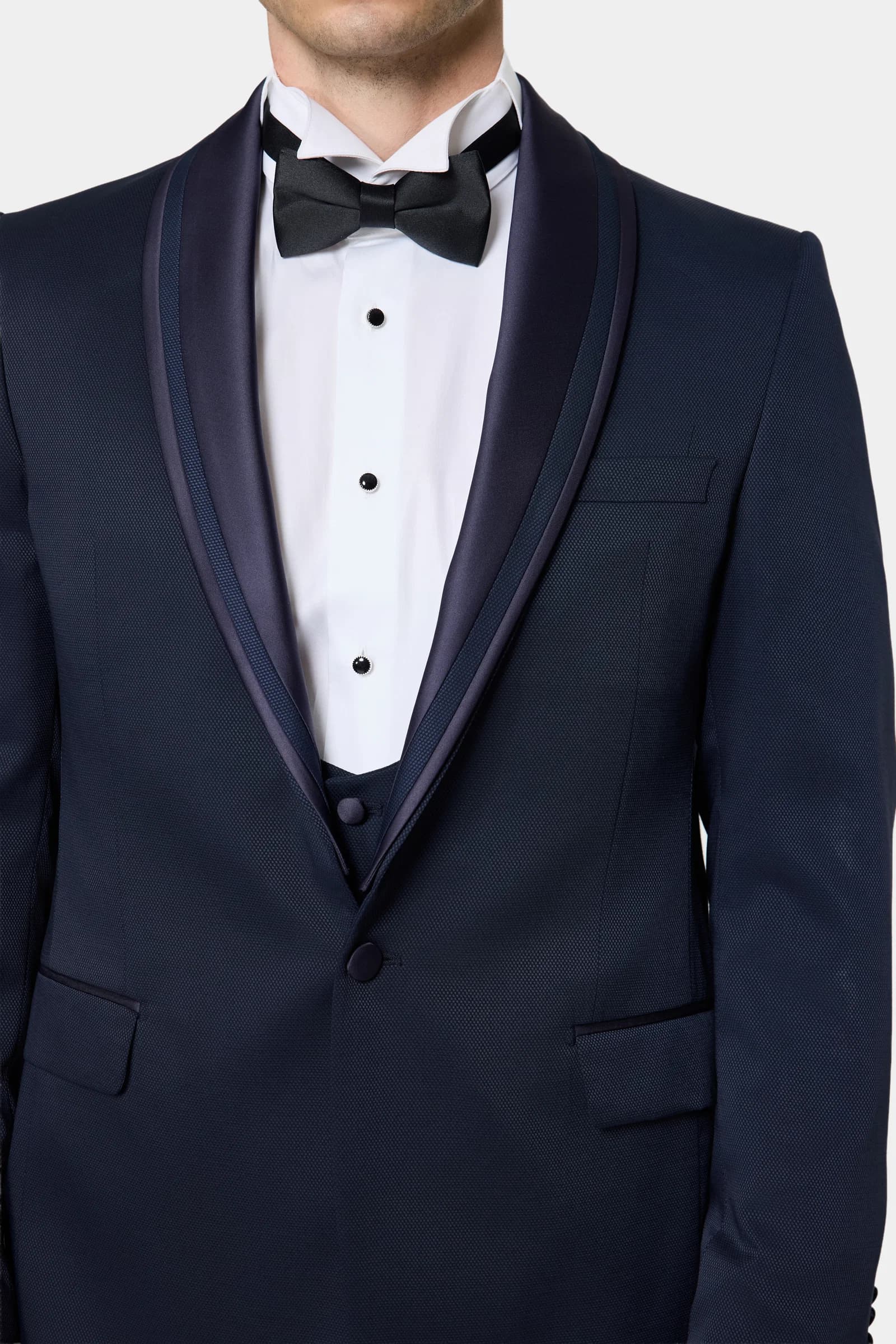 Ds Damat Slim Fit Lacivert Armürlü Smokin Yelekli Takim Elbise görsel 2