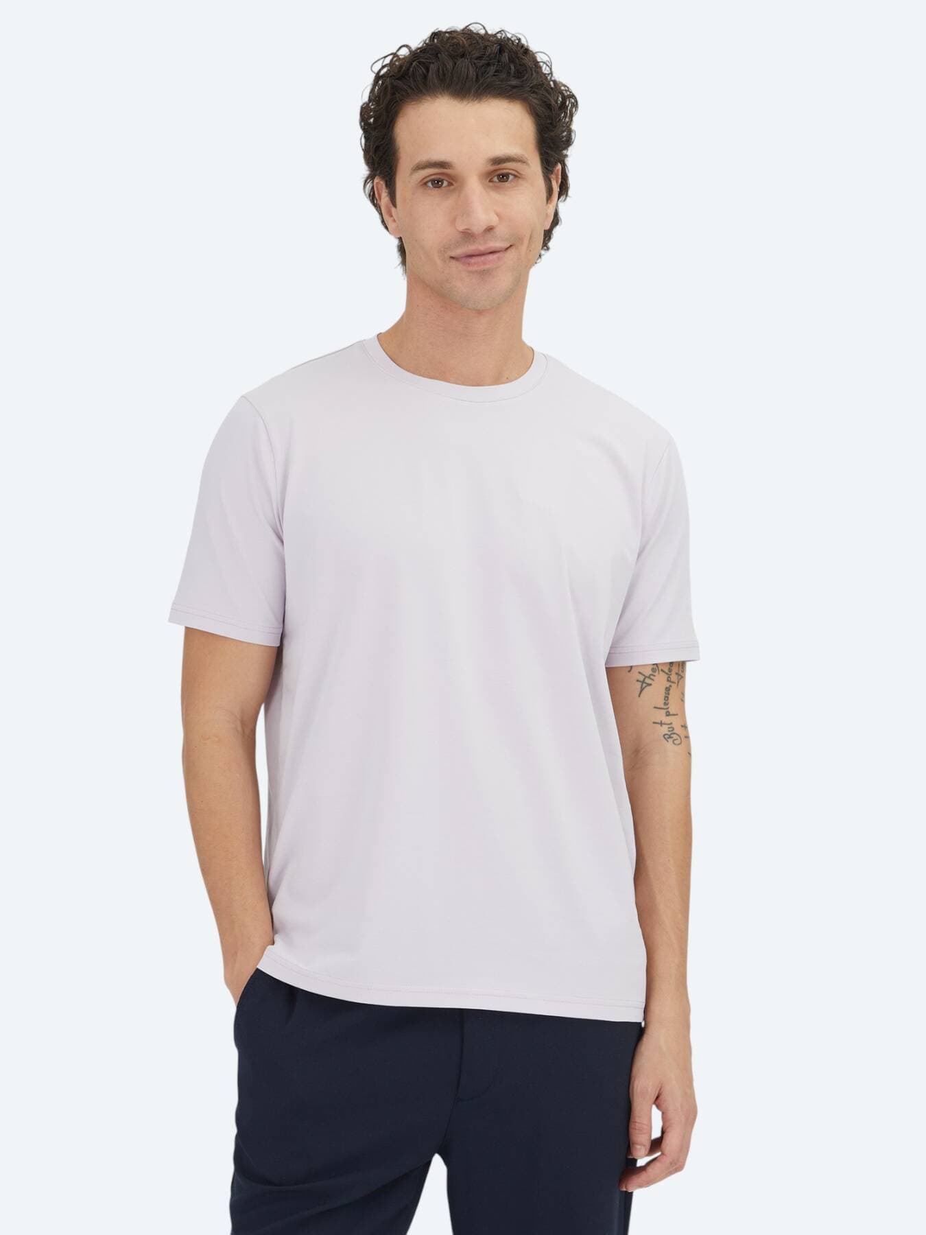 Lila Düz Bisiklet Yaka Pamuk Karışımlı T-shirt